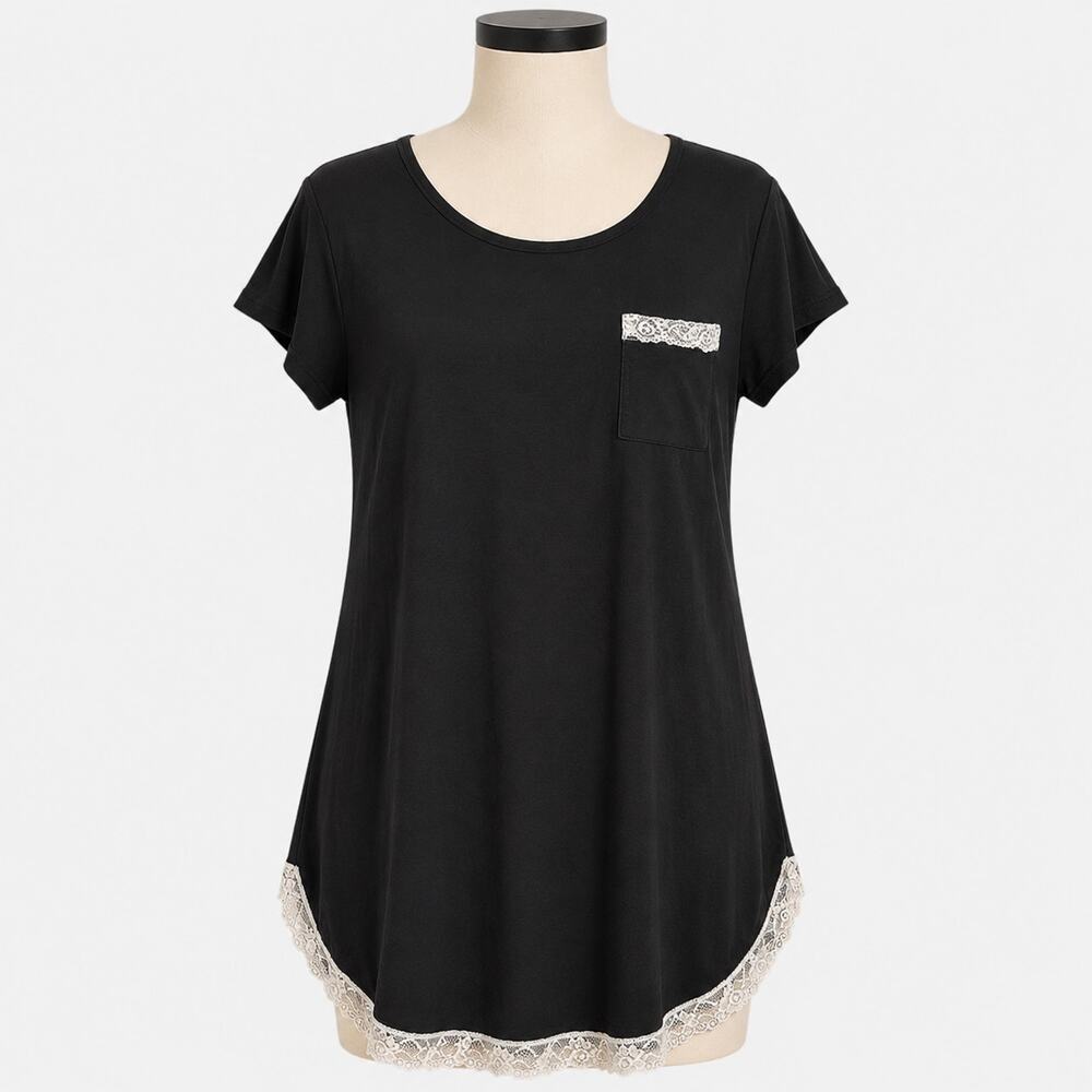 Ekouaer Black Lace Trim Sleep Shirt Nightgown Women's Medium M Short Sleeve